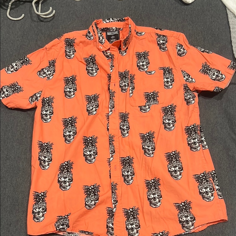 Vibrant Orange and Black Casual Button Down Shirt with Tiki Pattern